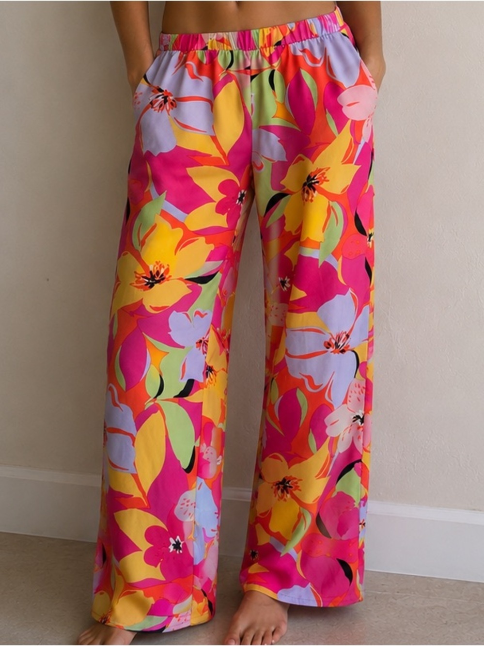 Mittoshop Tropical Floral Wide Leg Pull On Pants Pink Orange S